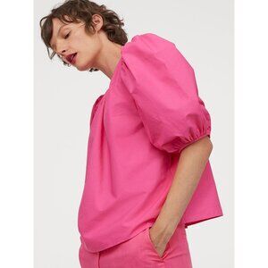 H&M Blouse Size Medium Tie Back Puff Sleeve Top Cotton Pink Feminine Barbiecore